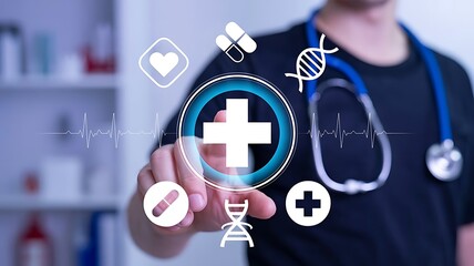 Doctor interacting with futuristic holographic medical interface for patient data analysis and digital diagnostics