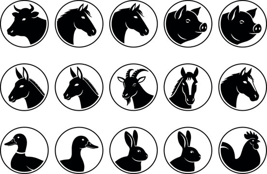  Farm Animal Head Silhouette Icons Set with Bull Horse Pig Donkey Goat Duck Rabbit Rooster in Circular Frames for Agriculture Livestock Farming Zoo Veterinary Designs
