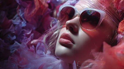 Style Texture Focus Macro details of the merging fabrics crystals and fruits blends a