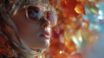 Style Texture Focus Macro details of the merging fabrics crystals and fruits blends a