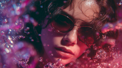 Style Dynamic Action The model in motion surrounded by swirling bubbles and vibrant