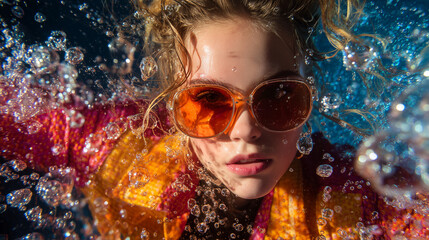 Style Dynamic Action The model in motion surrounded by swirling bubbles and