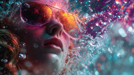 Style Dynamic Action The model in motion surrounded by swirling bubbles and vibrant