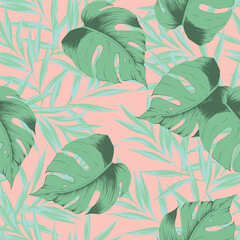 Mid-century palm springs. Summer monstera, palm tree leaf pattern. Hawaiian summer pattern. Tropical flowers print for wallpaper or fabric.   © tanyavollar