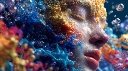 Render Style Dynamic Action The model in motion surrounded by swirling bubbles and vibrant