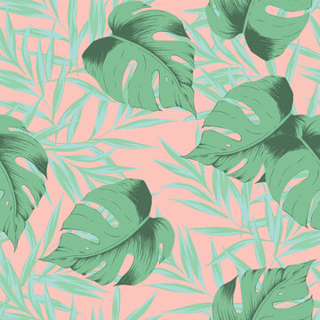 Mid-century palm springs. Summer monstera, palm tree leaf pattern. Hawaiian summer pattern. Tropical flowers print for wallpaper or fabric.  