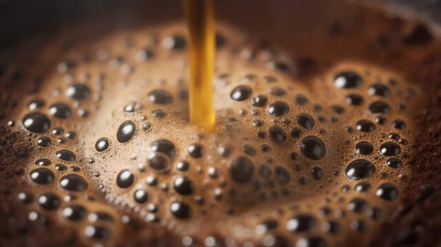 Captivating close-up of dark roast coffee being freshly poured, creating a rich, frothy layer of aromatic foam and myriad effervescent bubbles, highlighting the brewing process
