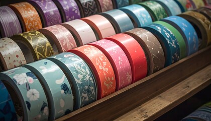 A close-up of colorful patterned tape rolls neatly arranged on shelves