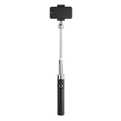 Modern Selfie Stick with Phone Holder Extended, Metallic and Black, isolated on transparent background