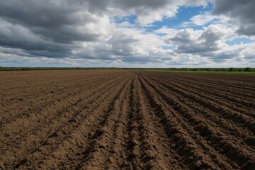 Plowed agricultural field landscape under dramatic cloudy sky, concept of farming and cultivation in springtime, rural nature and soil preparation.. Ai generative