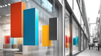 Obraz premium Colorful Abstract Hanging Displays in a Modern Urban Setting, Retail Concept, Window Advertising