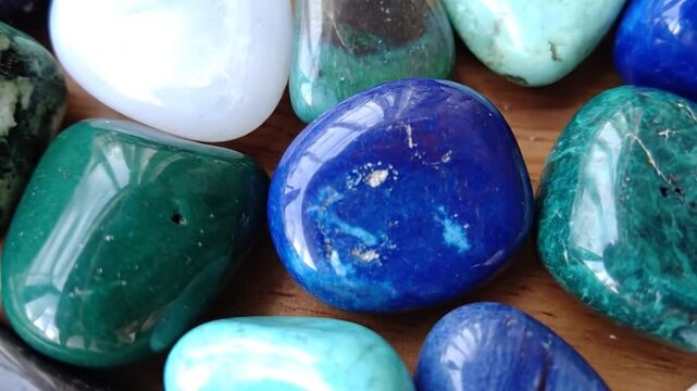 Close-up of polished, colorful gemstones of various hues like blue, green, and white