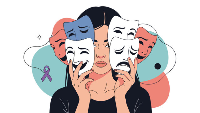 Woman holding multiple theatrical masks with different emotions, illustrating personality disorder, mood swings, or hiding true feelings.