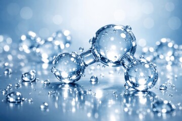 Obraz premium Water Molecule Visualization: A macro shot revealing a molecular representation of water, emphasizing the bonds between atoms and the properties of the vital element. The composition of the molecular.