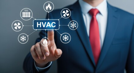Fototapeta premium HVAC system control concept. Businessman pointing at screen with ventilation, heating and air conditioning system options