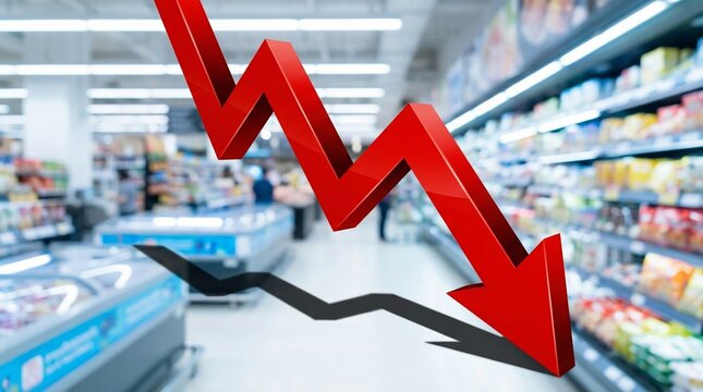 Red arrow crashing down in supermarket aisle representing falling retail sales, inflation, and economic recession concept