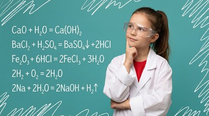 Smart little girl in lab coat and goggles thinking about chemistry formulas for science education, STEM learning and early childhood development concept.