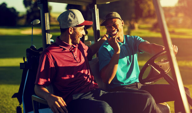 Happy men, golf cart or laughing with humor or funny joke, game or friendly outdoor match together. Male people, friends or golfers with smile or comedy in vehicle ride for fun sport or competition