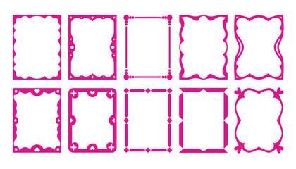 Collection of ornamental borders in pink color isolated on white.