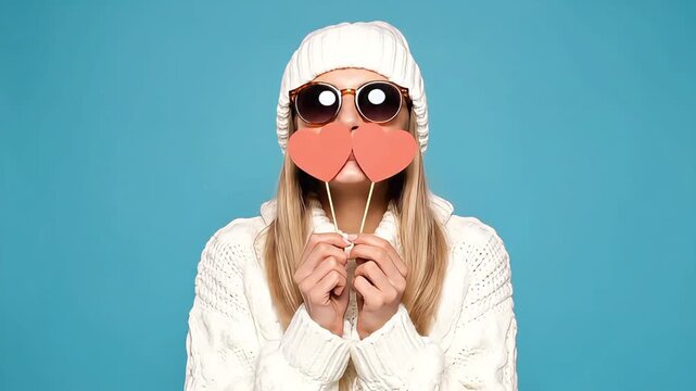 Woman holding paper lips and glasses props on sticks in front of her face.