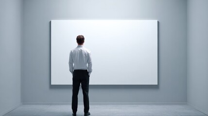 Obraz premium Man Contemplating Blank Canvas: Back View of Businessman in Empty Room with White Billboard