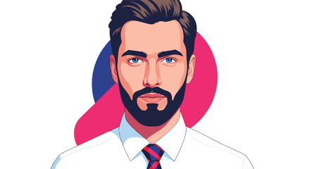 Obraz premium Handsome professional man with a neat beard and stylish suit and tie looks forward against a vibrant pink and blue background.