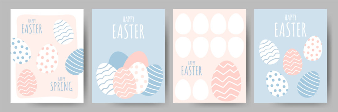 Soft pastel Easter greeting card set with decorated eggs and playful typography. Minimal spring designs ideal for holiday cards, posters, social media, and seasonal promotions