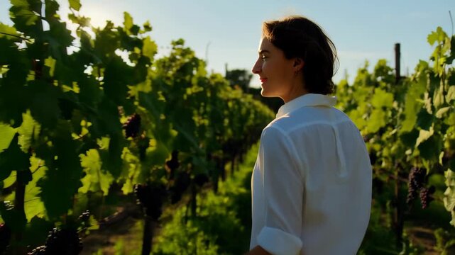 Tracking shot of a person in a white cotton shirt walking through a vineyard, sun flares peeking through the leaves, fresh and warm lifestyle.