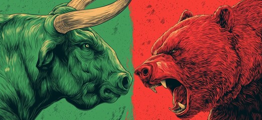 Bull and bear market financial trading concept. Confronting bull and bear representing opposing forces in financial markets and economy