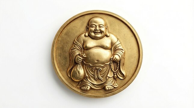 Golden Laughing Buddha Coin Symbolizing Wealth, Happiness and Prosperity on white background