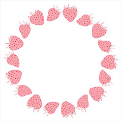 Strawberries circle frame for Valentine's Day and birthday. Hand drawn wreath with empty copy space. Vector illustration of simple berry fruit for cards, invitations, packaging, branding