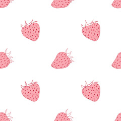 Minimalistic strawberries seamless pattern. Whimsical festive summer background in pink tones. Vector hand drawn simple illustration for fabric, packaging, wrapping paper, wallpaper