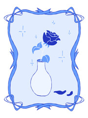 Vintage coquette ice blue greeting card for Valentine's Day. Hand drawn whimsical frame with frozen rose in a vase, ribbon frame. Template for poster, wedding invitation, banner, sticker
