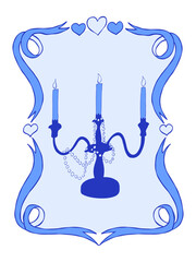 Vintage coquette ice blue greeting card for Valentine's Day. Hand drawn whimsical frame with antique candelabra in a ribbon frame with hearts. Template for poster, wedding invitation, banner, sticker