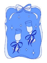 Vintage coquette ice blue greeting card for Valentine's Day. Hand drawn whimsical frame with champagne glasses, ribbon frame. Template for poster, wedding invitation, banner, sticker