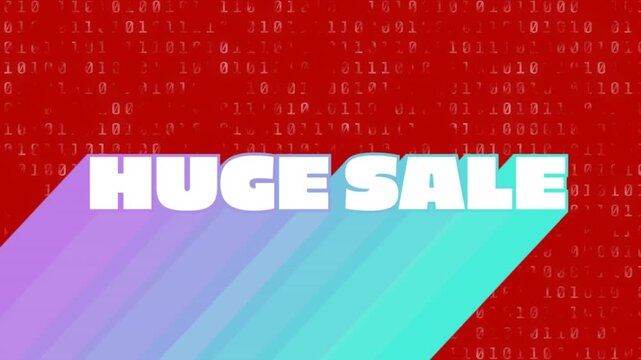 Animation of huge sale text banner with gradient shadow effect over binary coding on red background