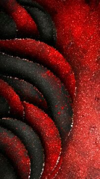 Elegant Red and Black Curved Overlapping Layers With Deep Crimson Textures and Artistic Splatters, Made of Cubes
