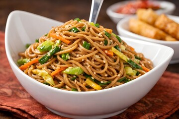 Delicious stir-fried noodles with vegetables in a white bowl