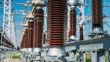 Electric utility infrastructure shows insulators at a power station under clear sky during daylight hours