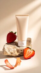 Cream Tube Product with Strawberry and Natural Elements