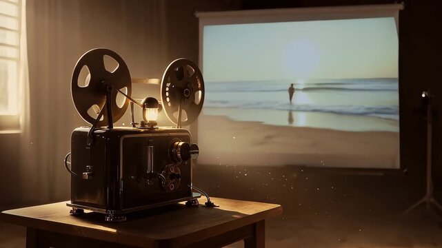 Cinematic shot of a vintage film projector playing a home movie of a beach, soft flickering light, dust motes dancing in a warm sunbeam, nostalgic vibe.