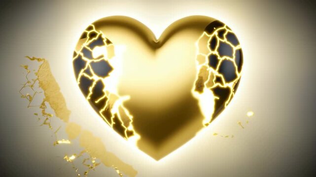 Kintsugi-inspired animation showing broken black heart with gold lightning cracks transforming into polished golden heart. Symbolic healing and transformation sequence with particle effects.

