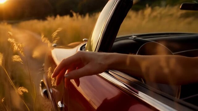 A close-up of a person&rsquo;s hand trailing through tall, sun-bleached grass from a moving vintage car, golden hour light, cinematic motion blur, 8k.