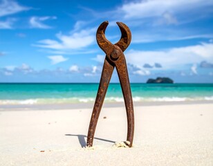 Rusty pliers stand on a white sand beach with turquoise sea & blue sky in the background, bright sunny day