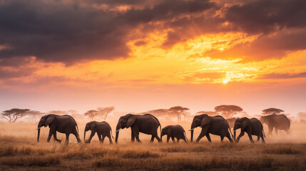 Fototapeta premium Silhouettes of a herd of horses and wildebeest walking together across the savanna at sunset under an orange evening sky