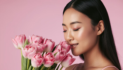 Fototapeta premium Woman holds bouquet of pink tulips close to her face in studio with pink background while smiling gently during bright lighting
