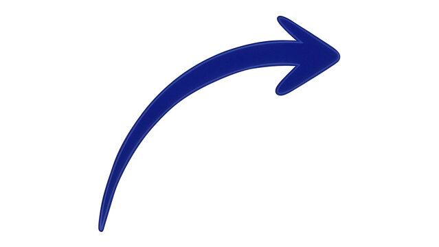 Curved blue arrow pointing right isolated PNG on transparent background, direction indicator for graphic design and presentations