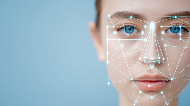 Facial recognition scan, biometric data points on human face, digital identity, blue tech