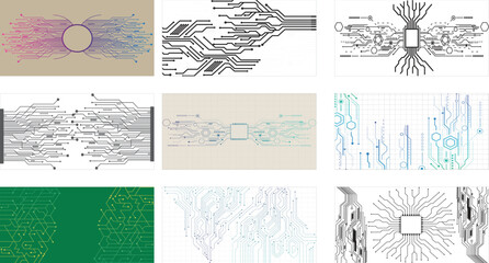 Set of abstract black circuit lines and nodes on white background. Vector eps10