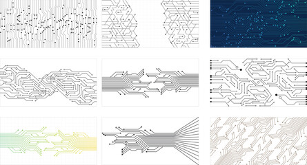 Set of abstract black circuit lines and nodes on white background. Vector eps10
